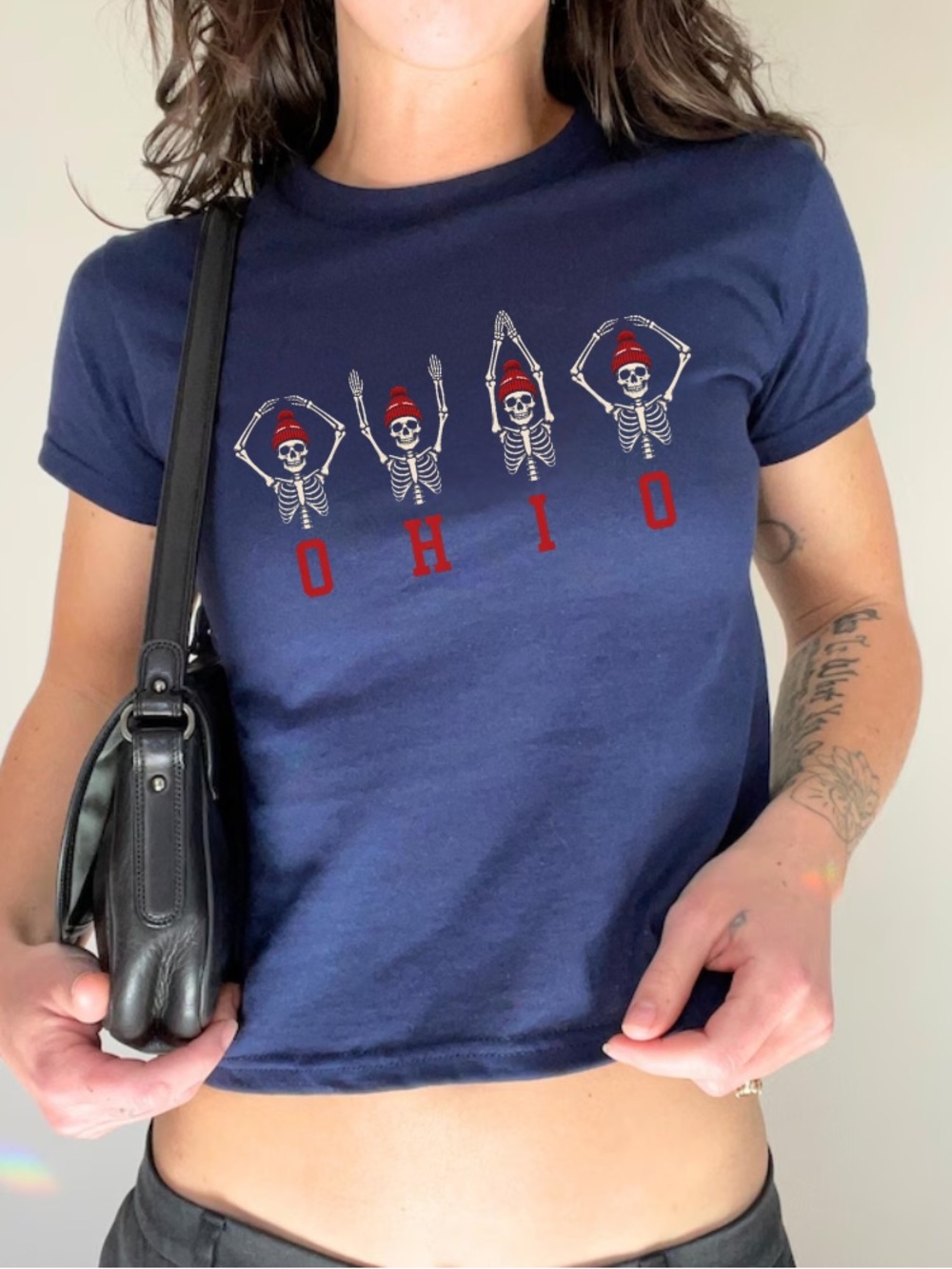 Ohio Skeletons Red Beanies Spelling Out State Name Vintage Navy Baby Tee